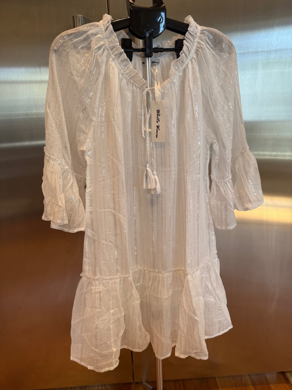 White Midi Peasant Dress with Tassel Tie